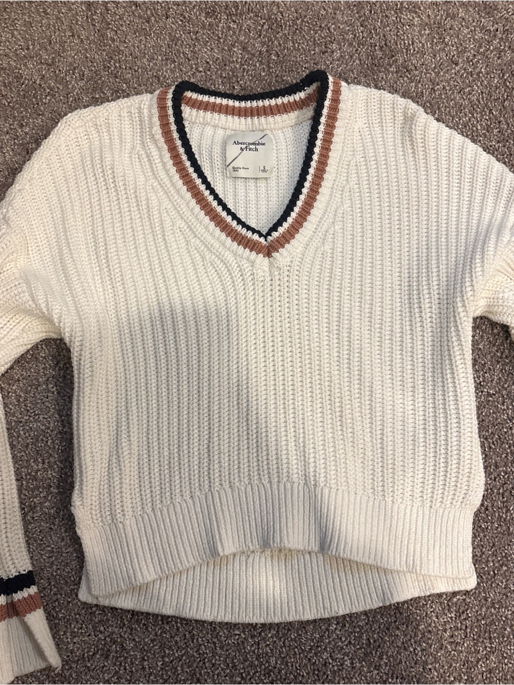 Abercrombie & Fitch Cream V-Neck Sweater with Brown and Black Trim